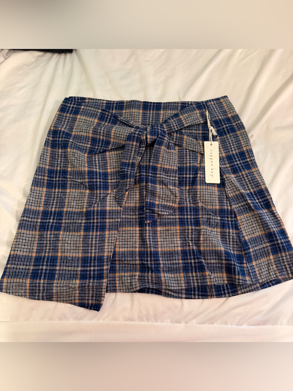 Copper Key Navy and Tan Plaid Tie-Front Mini Skirt